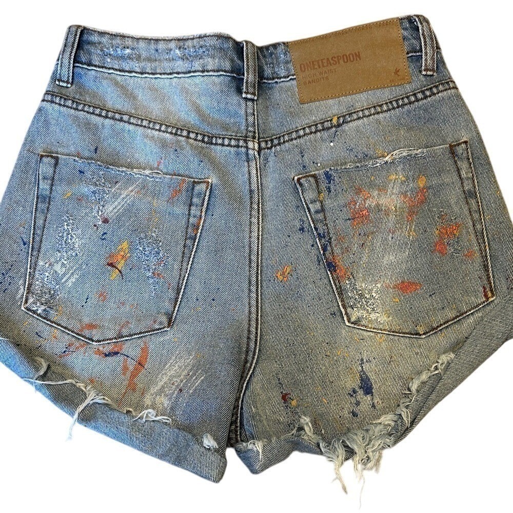 One Teaspoon High Waist Bandits Denim Shorts Paint Splatter Distressed Blue 26 - Picture 5 of 9